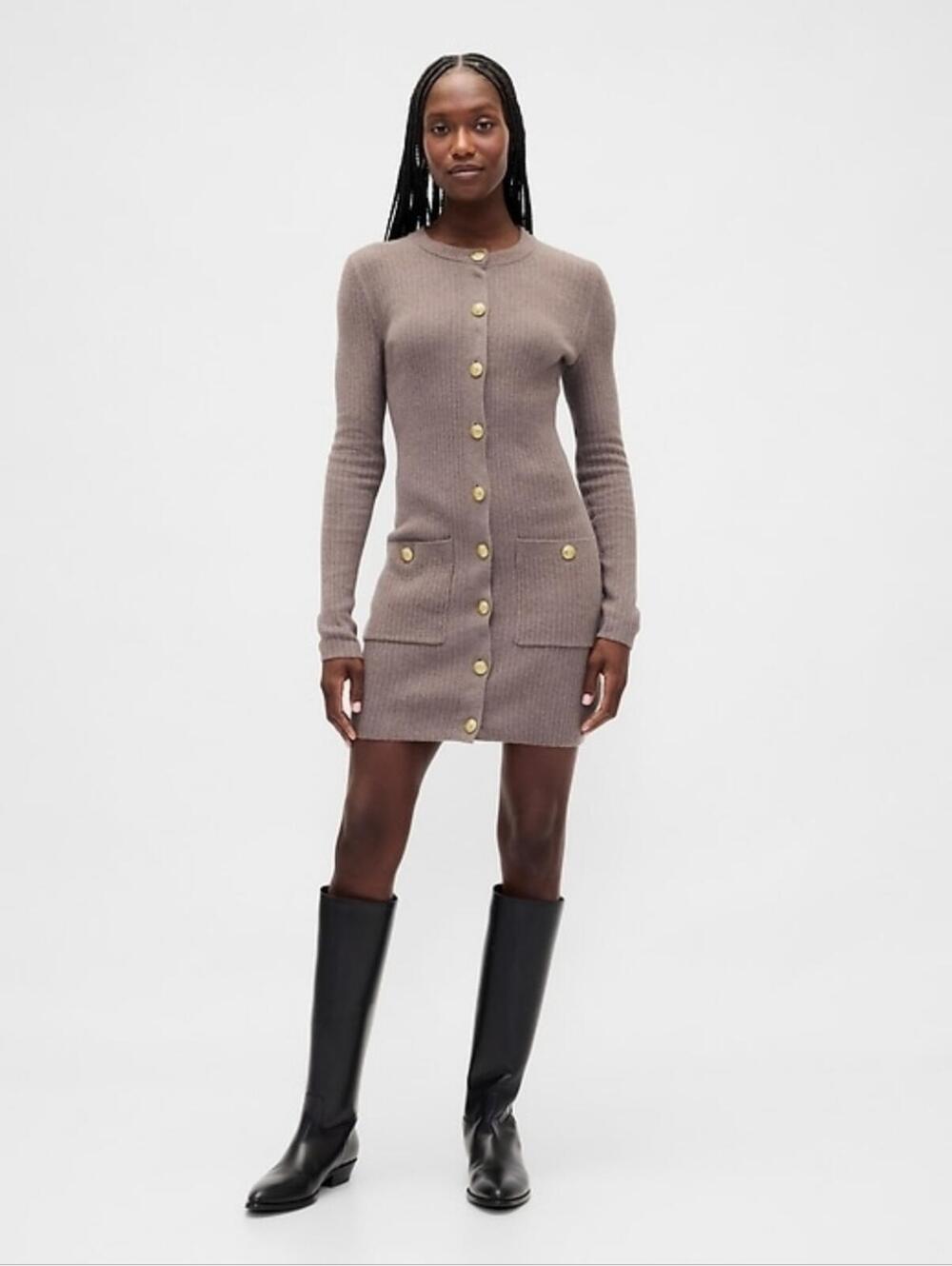 Gap CashSoft Rib Pocket Mini Sweater Dress Toasted Almond Brown Tan Taupe small